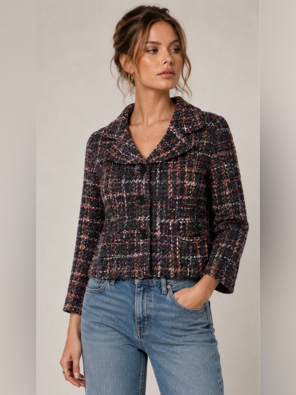 Vintage Dialogue Rainbow Wool/Cotton Blend Tweed Short Peacoat 
Size 14
